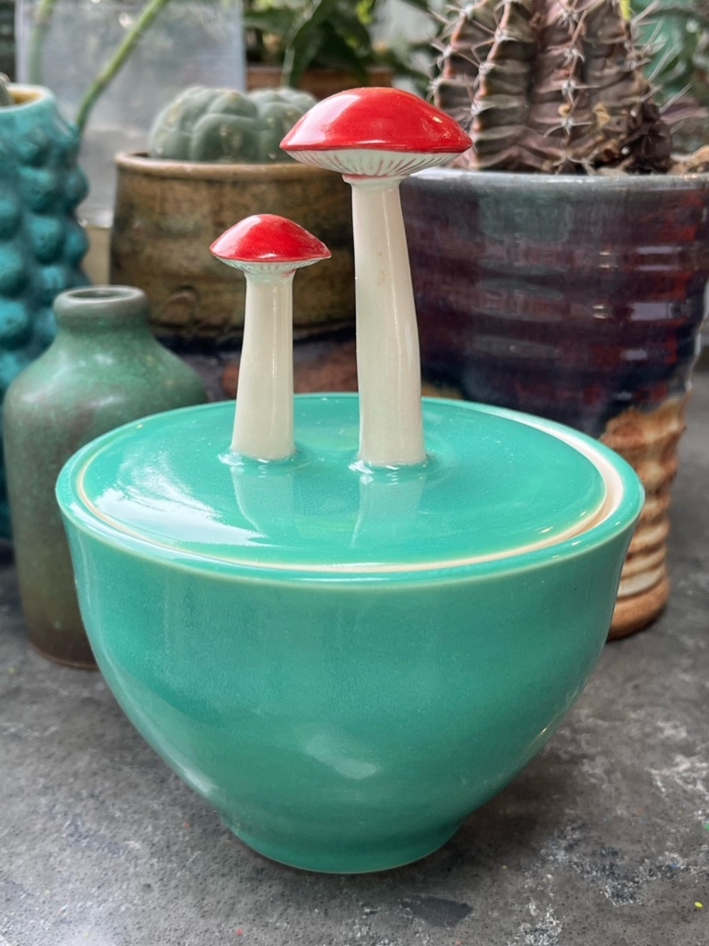 Laurel Begley Ceramics Merry Mushroom Lidded Sugar Bowl Jade Red Shrooms